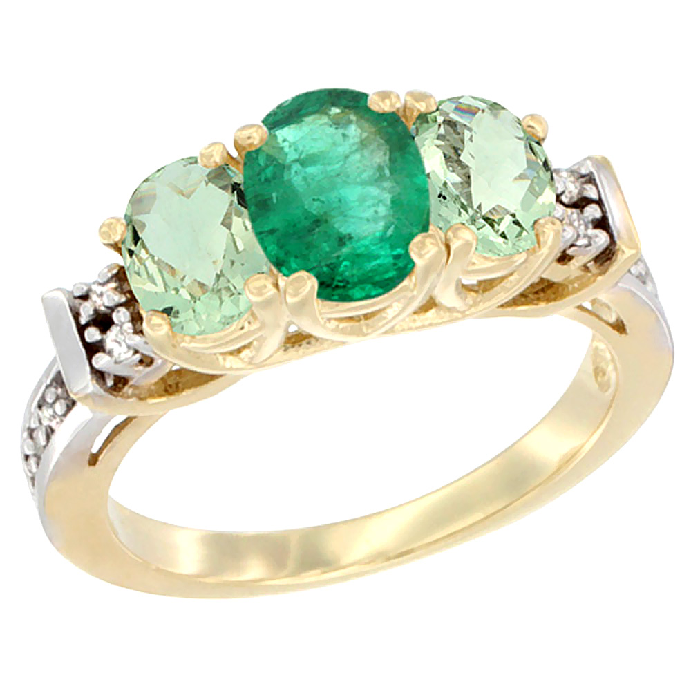 14K Yellow Gold Natural Emerald & Green Amethyst Ring 3-Stone Oval Diamond Accent