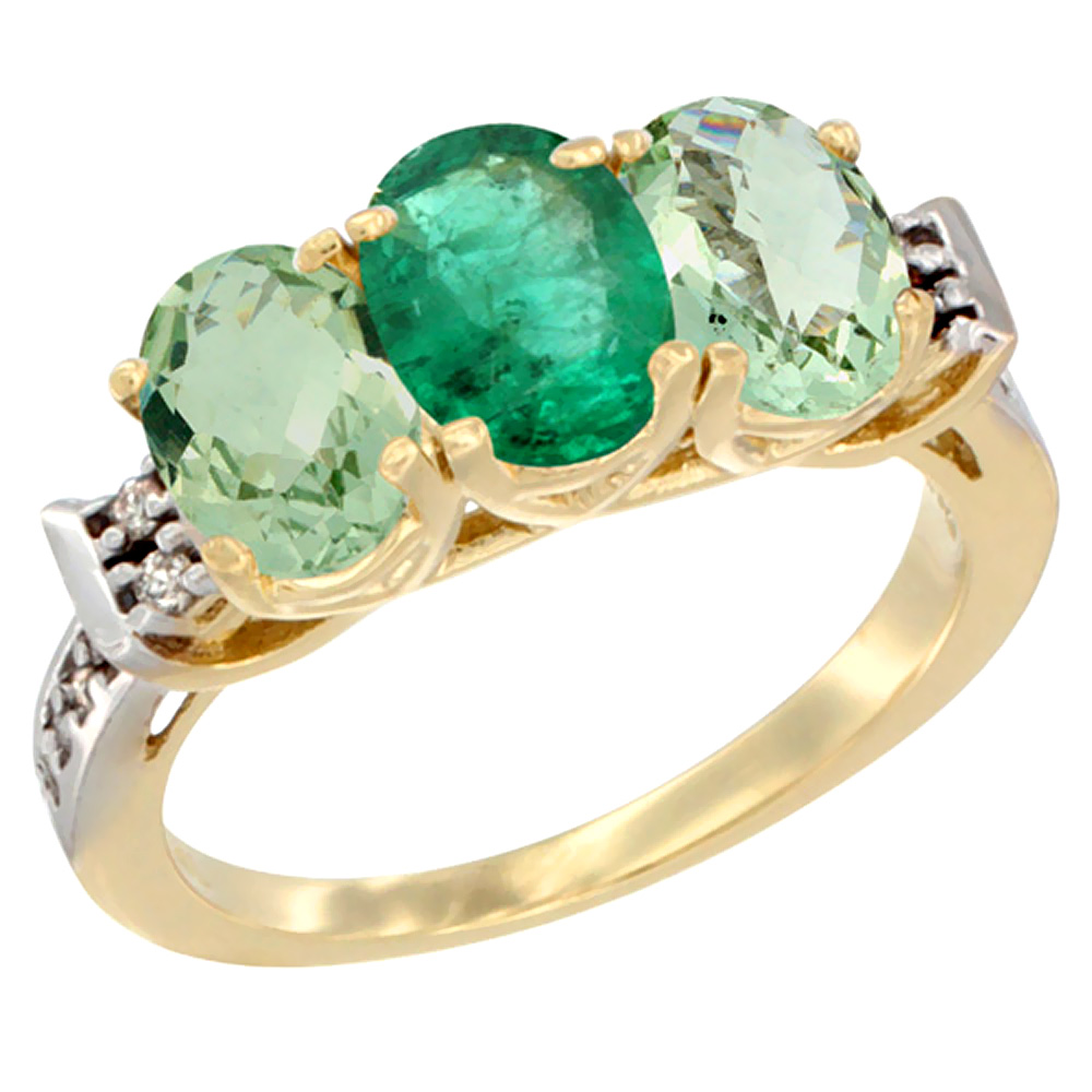 10K Yellow Gold Natural Emerald &amp; Green Amethyst Sides Ring 3-Stone Oval 7x5 mm Diamond Accent, sizes 5 - 10