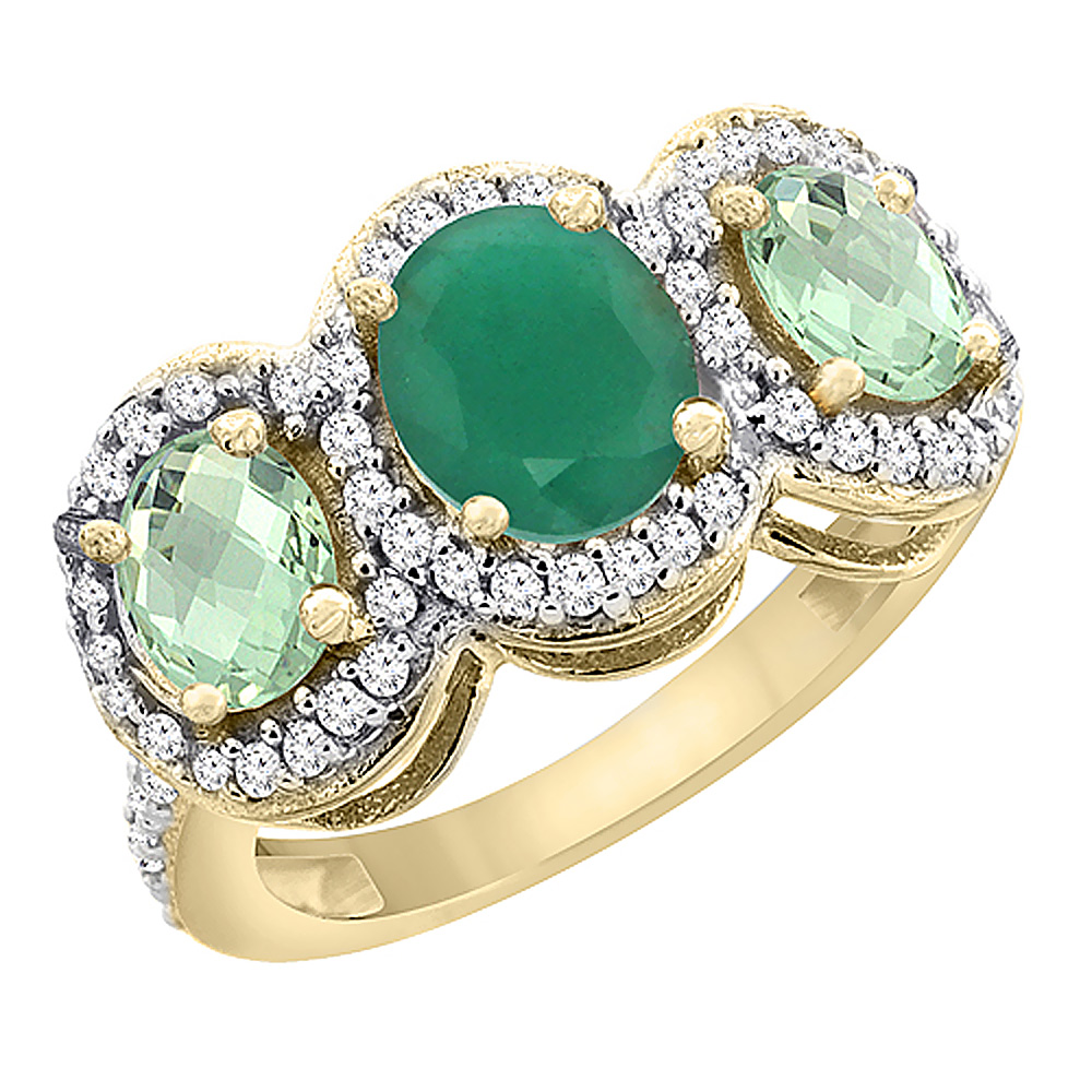 14K Yellow Gold Natural Emerald &amp; Green Amethyst 3-Stone Ring Oval Diamond Accent, sizes 5 - 10