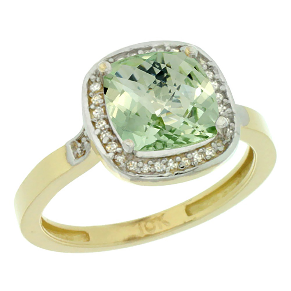 14K Yellow Gold Diamond Natural Green Amethyst Ring Cushion-cut 8x8mm, sizes 5-10