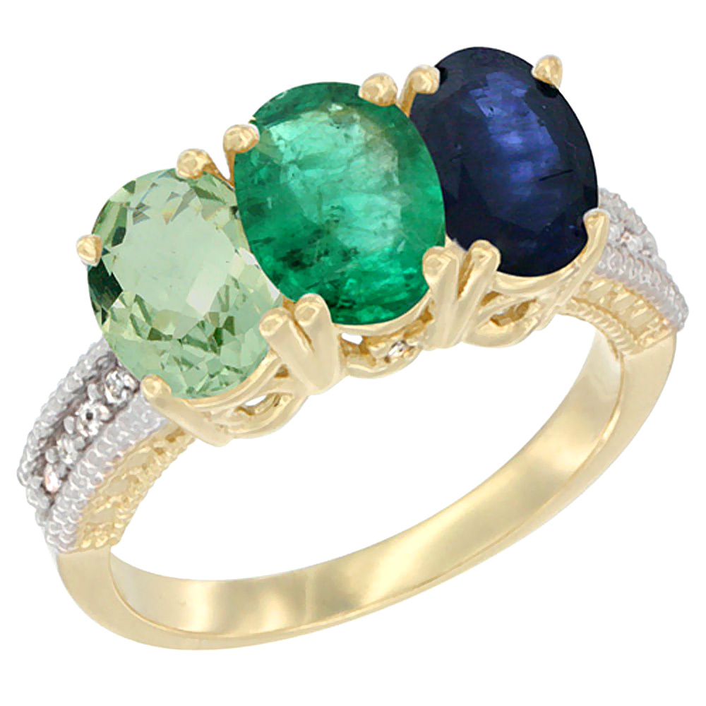 14K Yellow Gold Natural Green Amethyst, Emerald &amp; Blue Sapphire Ring 3-Stone 7x5 mm Oval Diamond Accent, sizes 5 - 10