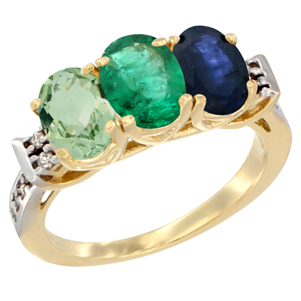 14K Yellow Gold Natural Green Amethyst, Emerald &amp; Blue Sapphire Ring 3-Stone 7x5 mm Oval Diamond Accent, sizes 5 - 10