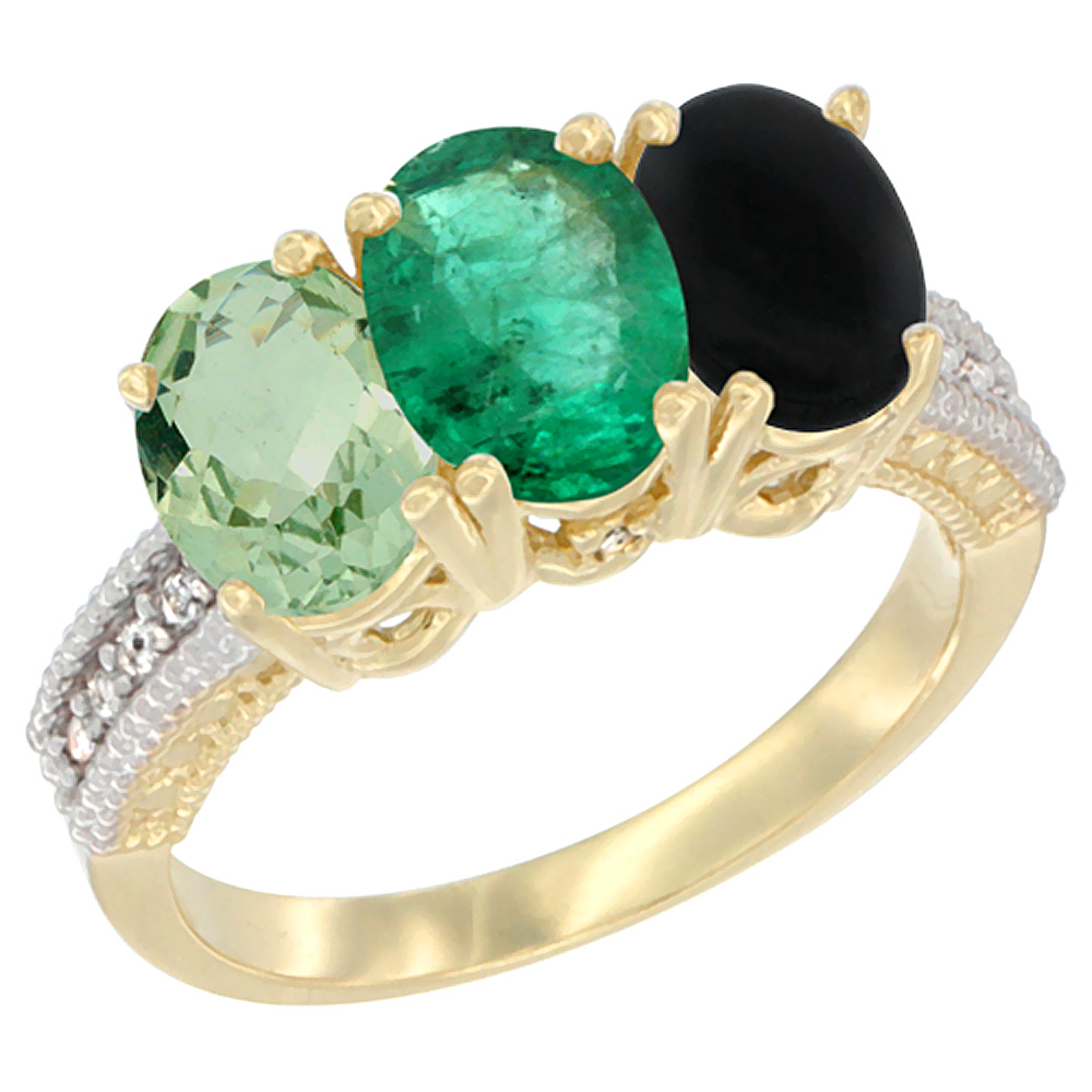 14K Yellow Gold Natural Green Amethyst, Emerald &amp; Black Onyx Ring 3-Stone 7x5 mm Oval Diamond Accent, sizes 5 - 10