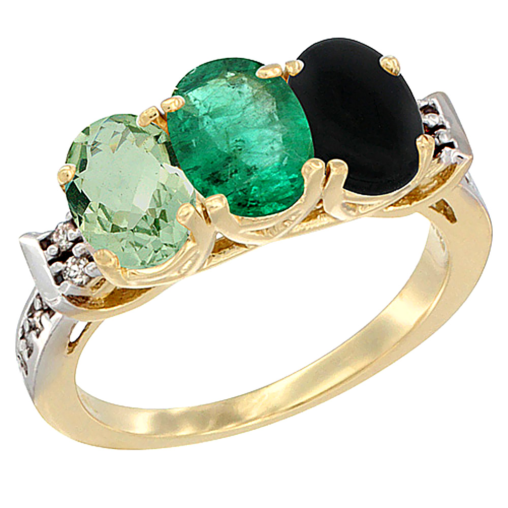 10K Yellow Gold Natural Green Amethyst, Emerald & Black Onyx Ring 3-Stone Oval 7x5 mm Diamond Accent, sizes 5 - 10