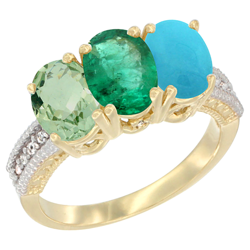 10K Yellow Gold Diamond Natural Green Amethyst, Emerald &amp; Turquoise Ring 3-Stone Oval 7x5 mm, sizes 5 - 10