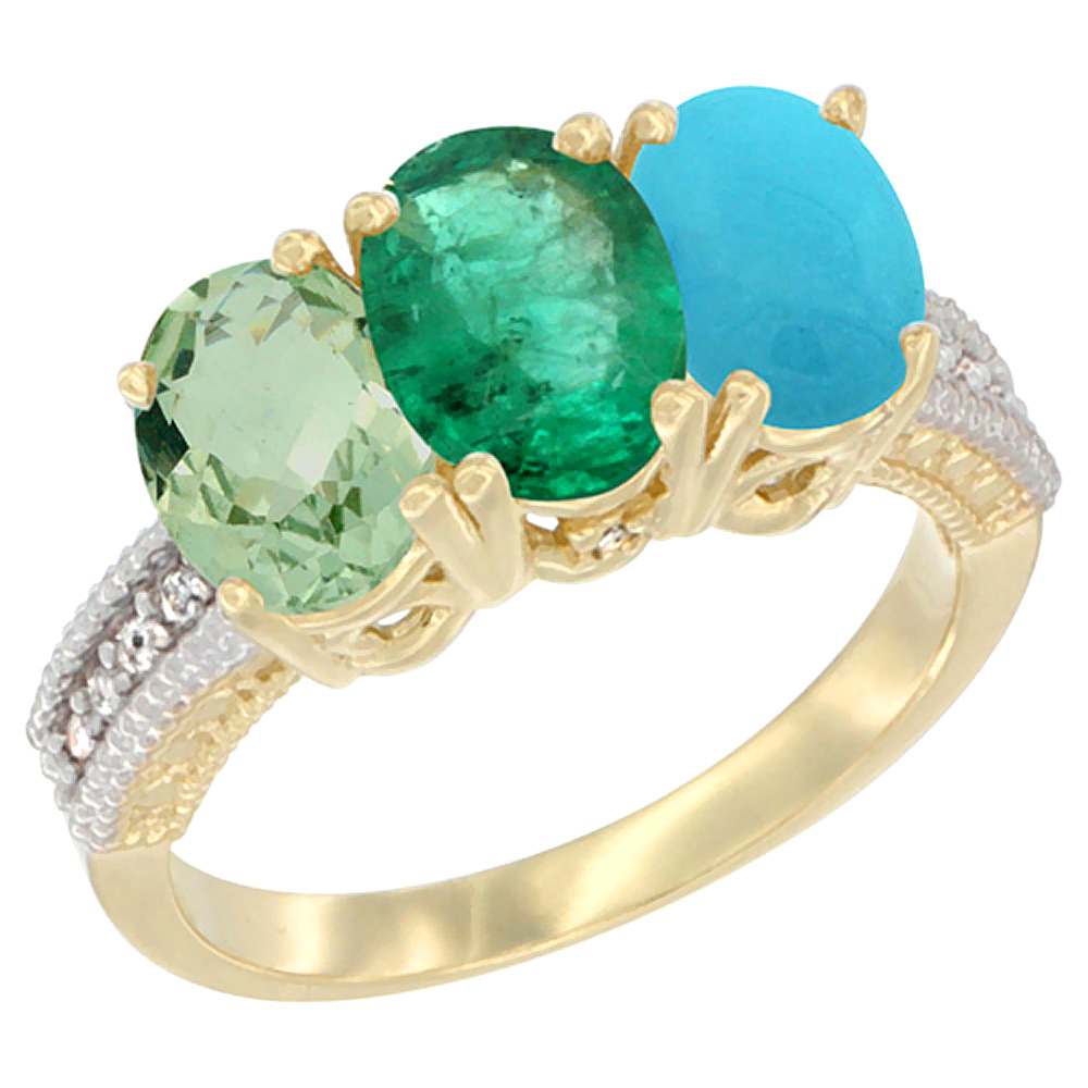 14K Yellow Gold Natural Green Amethyst, Emerald &amp; Turquoise Ring 3-Stone 7x5 mm Oval Diamond Accent, sizes 5 - 10