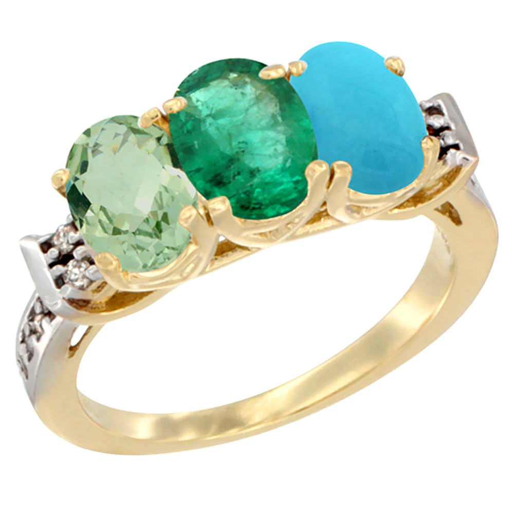 14K Yellow Gold Natural Green Amethyst, Emerald & Turquoise Ring 3-Stone 7x5 mm Oval Diamond Accent, sizes 5 - 10