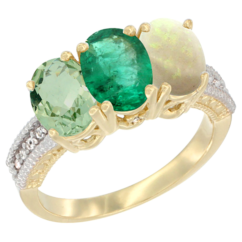 14K Yellow Gold Natural Green Amethyst, Emerald & Opal Ring 3-Stone 7x5 mm Oval Diamond Accent, sizes 5 - 10
