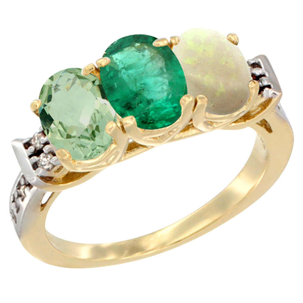 10K Yellow Gold Natural Green Amethyst, Emerald &amp; Opal Ring 3-Stone Oval 7x5 mm Diamond Accent, sizes 5 - 10