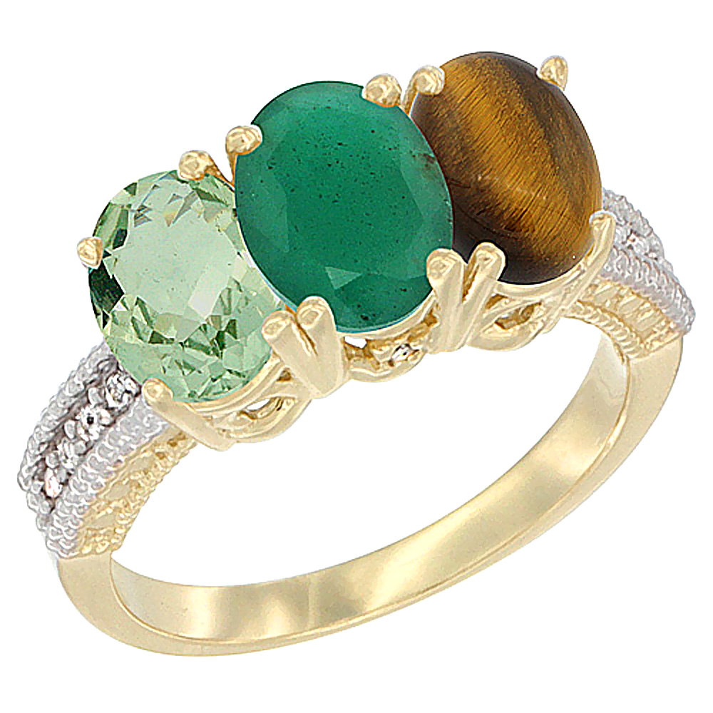 14K Yellow Gold Natural Green Amethyst, Emerald & Tiger Eye Ring 3-Stone 7x5 mm Oval Diamond Accent, sizes 5 - 10