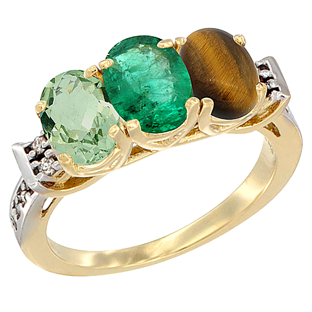 10K Yellow Gold Natural Green Amethyst, Emerald &amp; Tiger Eye Ring 3-Stone Oval 7x5 mm Diamond Accent, sizes 5 - 10
