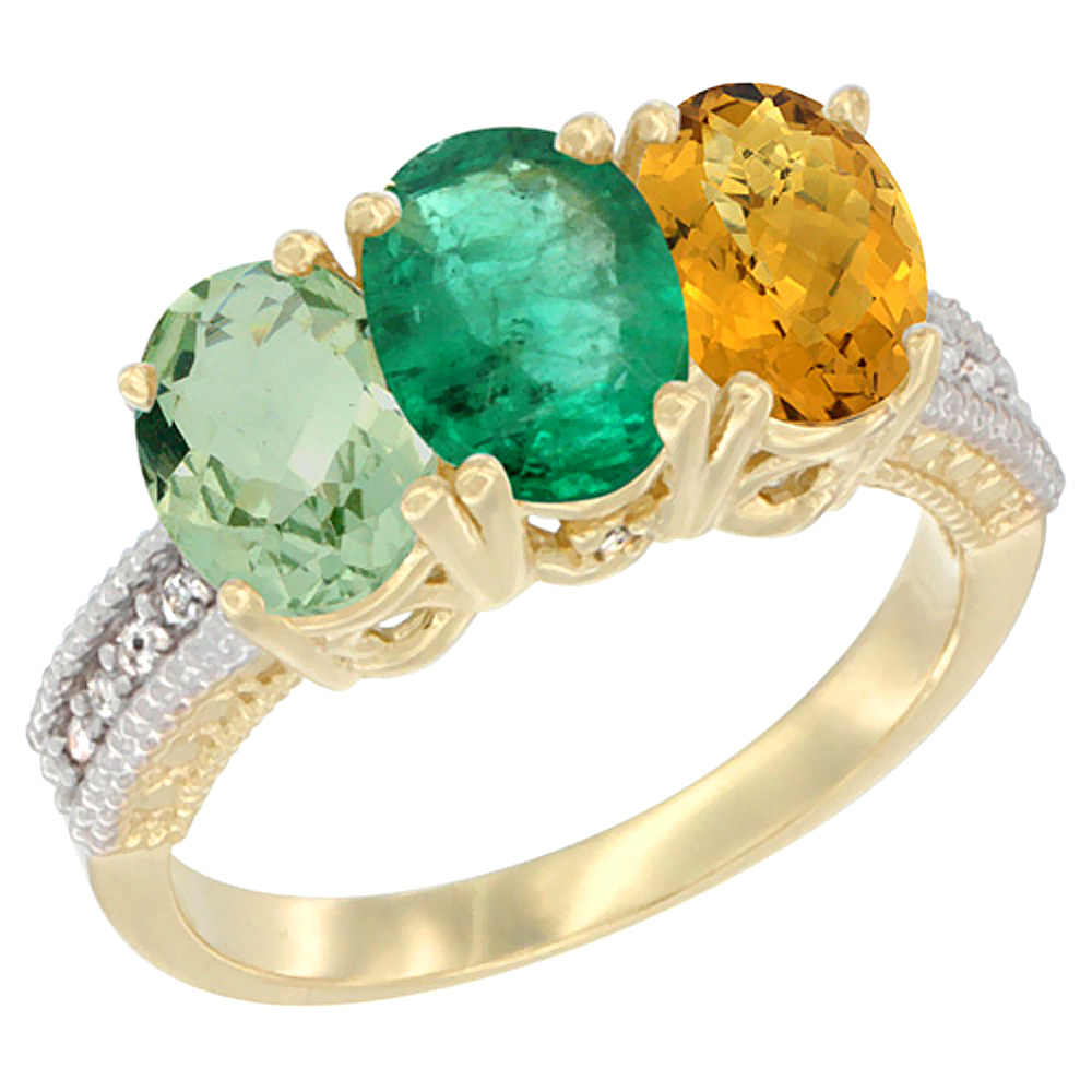 14K Yellow Gold Natural Green Amethyst, Emerald &amp; Whisky Quartz Ring 3-Stone 7x5 mm Oval Diamond Accent, sizes 5 - 10
