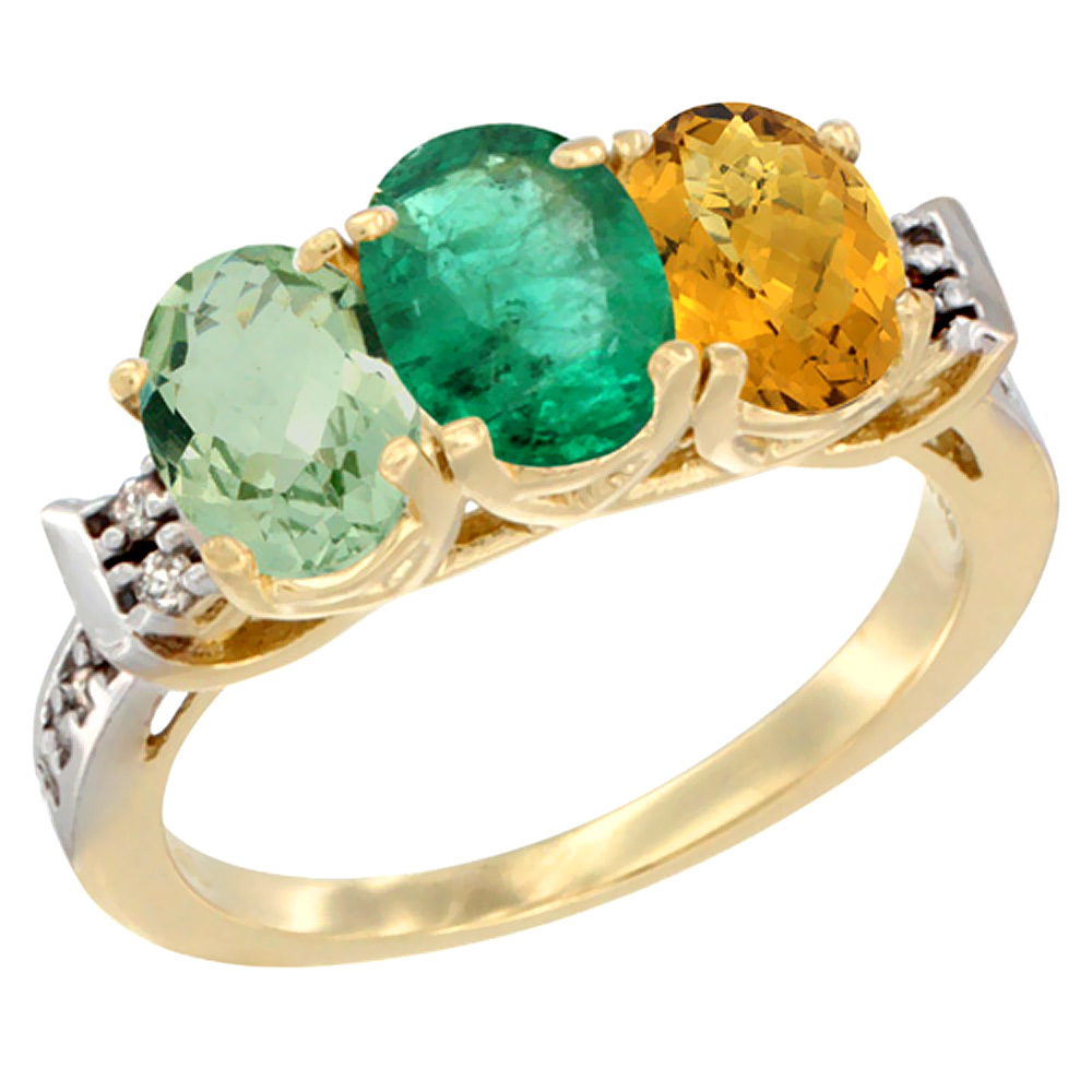 10K Yellow Gold Natural Green Amethyst, Emerald &amp; Whisky Quartz Ring 3-Stone Oval 7x5 mm Diamond Accent, sizes 5 - 10