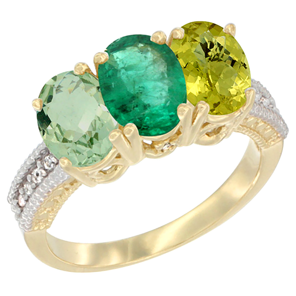 10K Yellow Gold Diamond Natural Green Amethyst, Emerald &amp; Lemon Quartz Ring 3-Stone Oval 7x5 mm, sizes 5 - 10