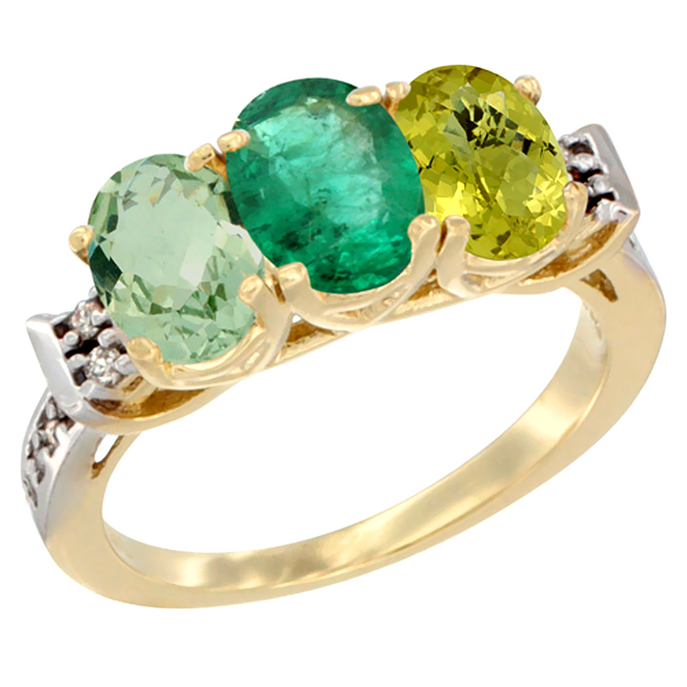 14K Yellow Gold Natural Green Amethyst, Emerald &amp; Lemon Quartz Ring 3-Stone 7x5 mm Oval Diamond Accent, sizes 5 - 10