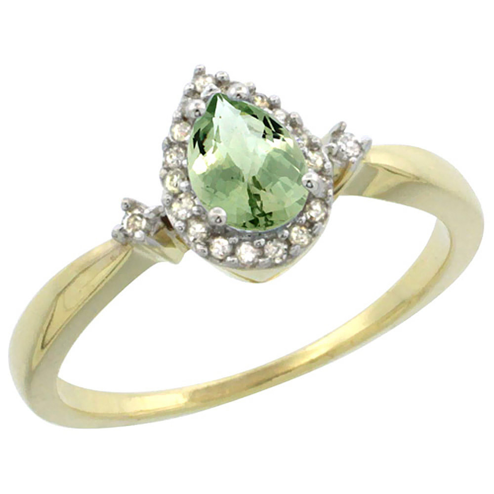 14K Yellow Gold Diamond Natural Green Amethyst Ring Pear 6x4mm, sizes 5-10