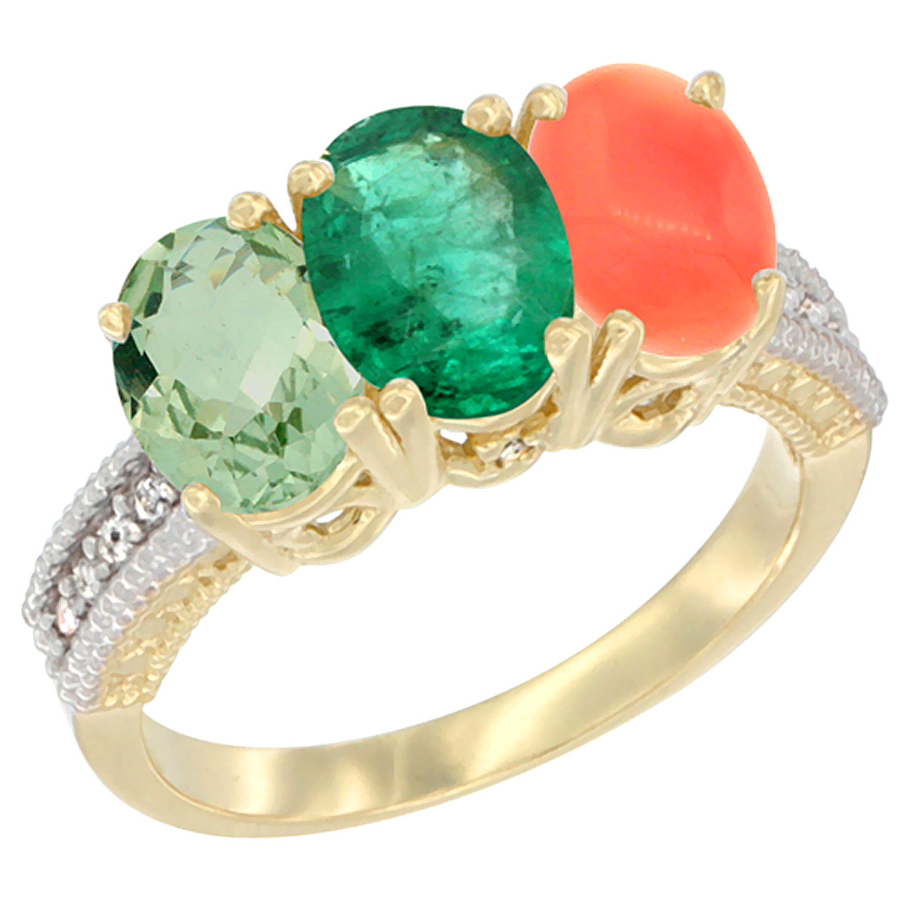 14K Yellow Gold Natural Green Amethyst, Emerald & Coral Ring 3-Stone 7x5 mm Oval Diamond Accent, sizes 5 - 10