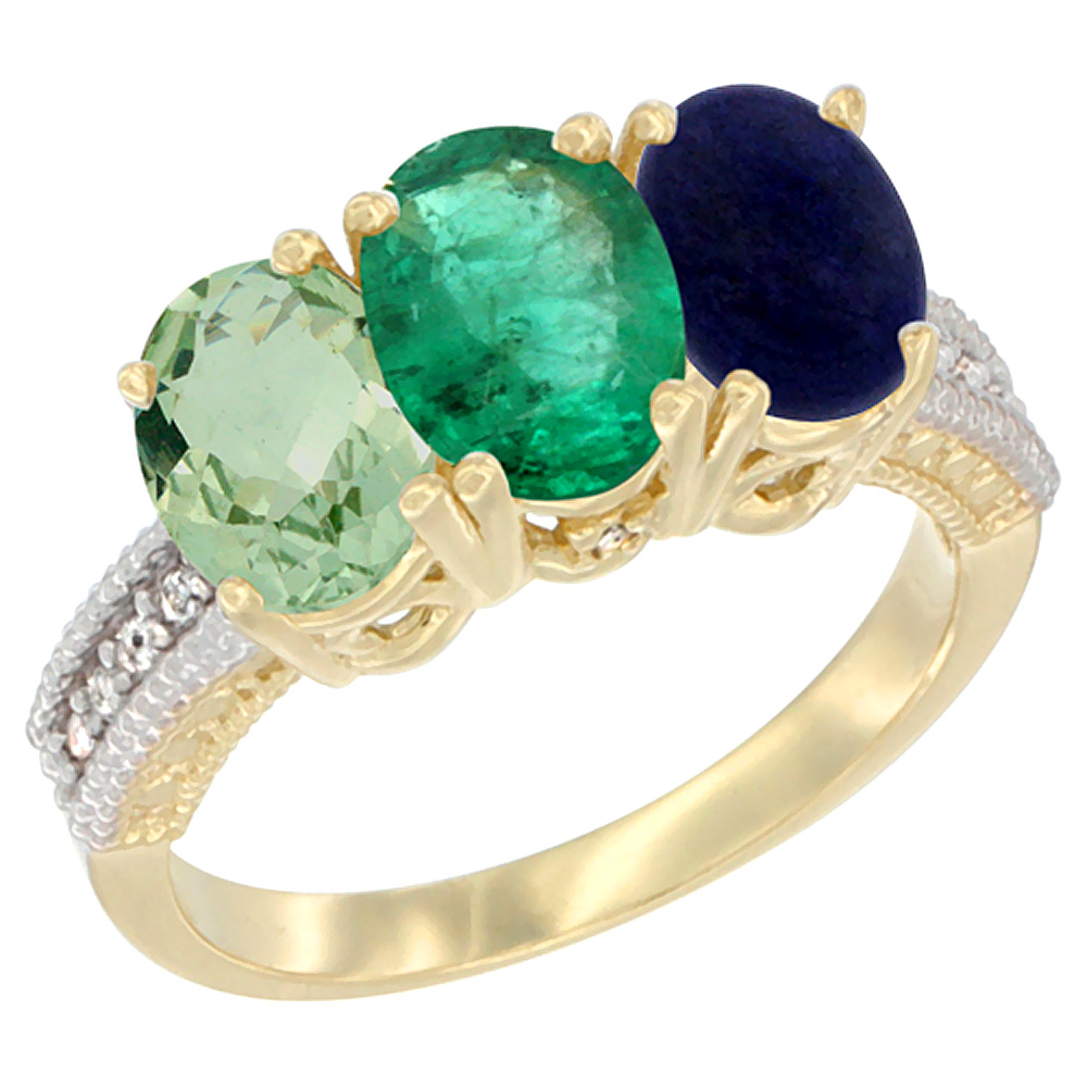 14K Yellow Gold Natural Green Amethyst, Emerald & Lapis Ring 3-Stone 7x5 mm Oval Diamond Accent, sizes 5 - 10