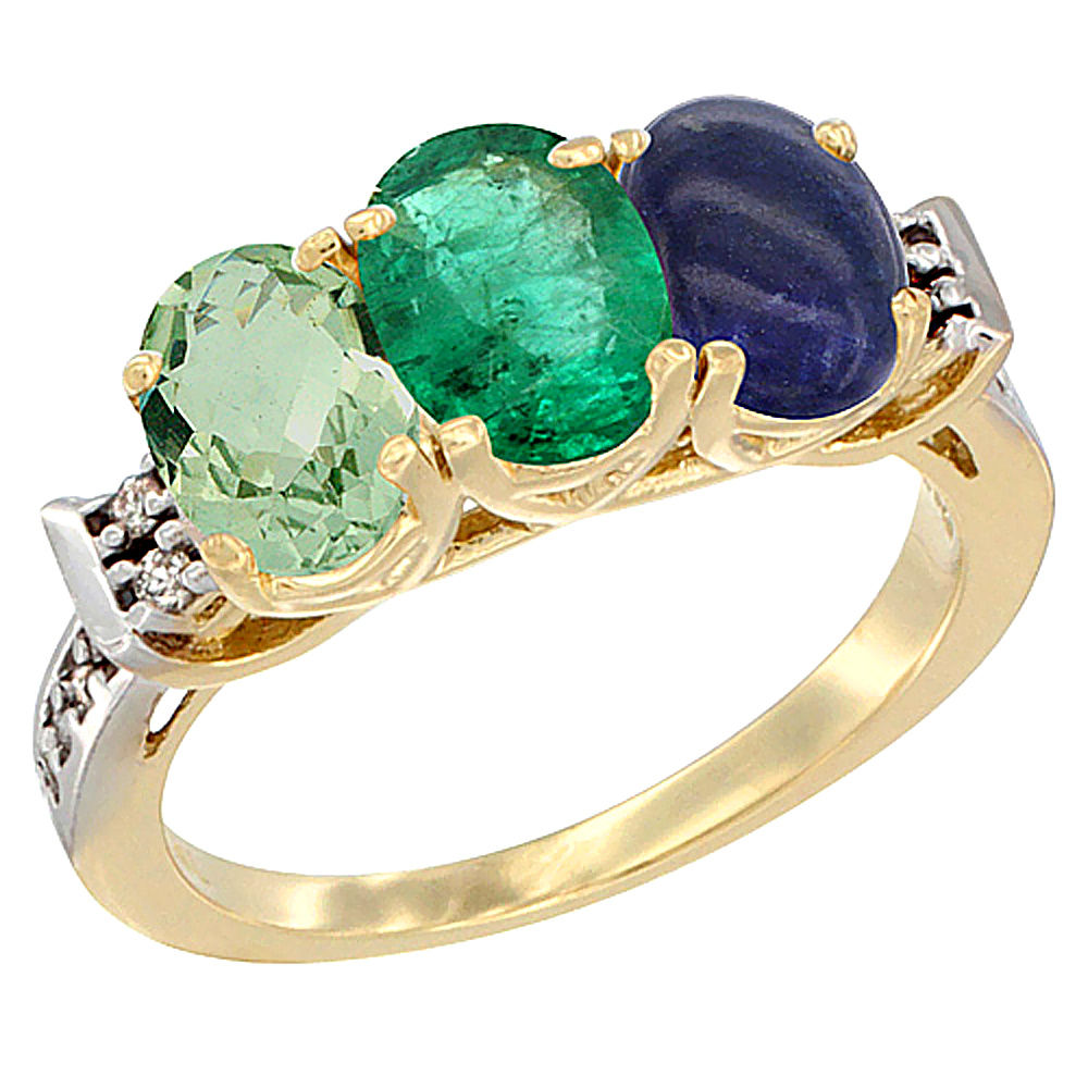 14K Yellow Gold Natural Green Amethyst, Emerald & Lapis Ring 3-Stone 7x5 mm Oval Diamond Accent, sizes 5 - 10