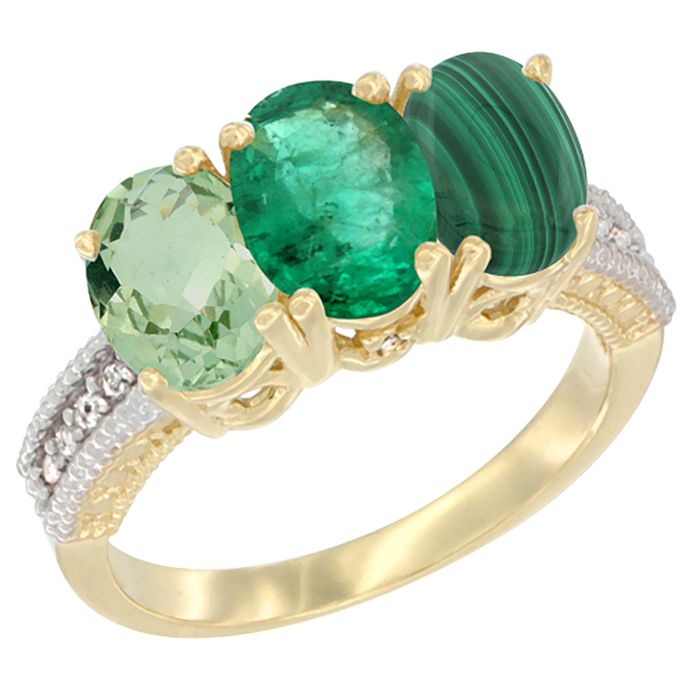 14K Yellow Gold Natural Green Amethyst, Emerald & Malachite Ring 3-Stone 7x5 mm Oval Diamond Accent, sizes 5 - 10