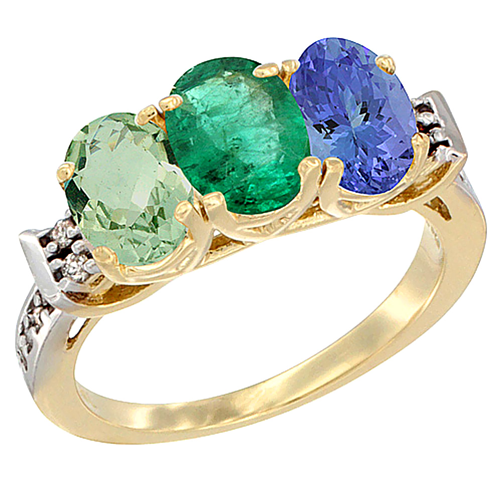 14K Yellow Gold Natural Green Amethyst, Emerald &amp; Tanzanite Ring 3-Stone 7x5 mm Oval Diamond Accent, sizes 5 - 10