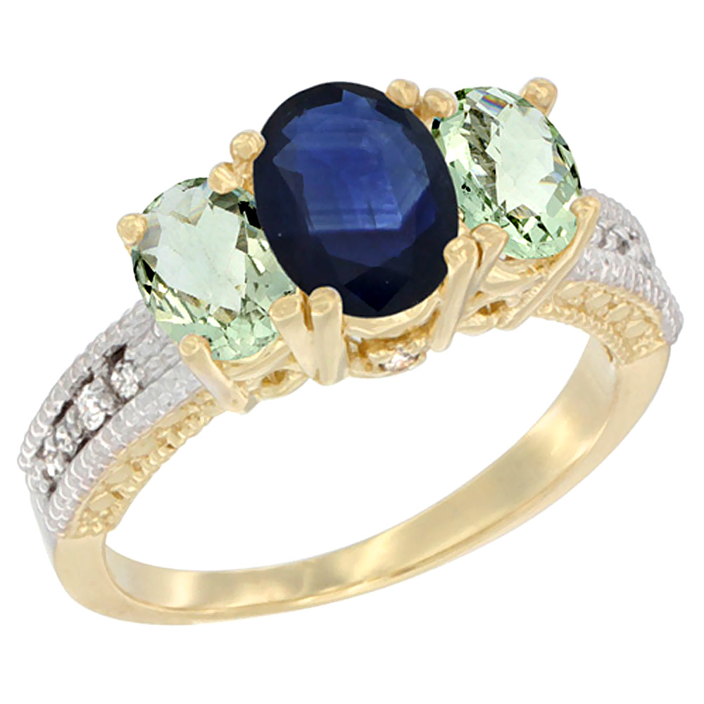 14K Yellow Gold Diamond Natural Blue Sapphire Ring Oval 3-stone with Green Amethyst, sizes 5 - 10