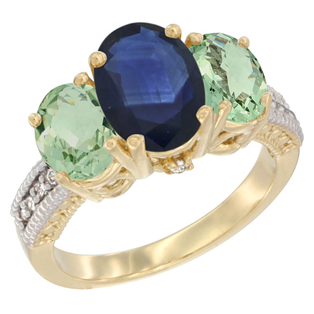 10K Yellow Gold Diamond Natural Blue Sapphire Ring 3-Stone Oval 8x6mm with Green Amethyst, sizes5-10