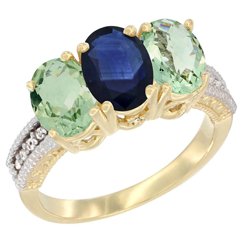 10K Yellow Gold Diamond Natural Blue Sapphire & Green Amethyst Sides Ring 3-Stone Oval 7x5 mm, sizes 5 - 10
