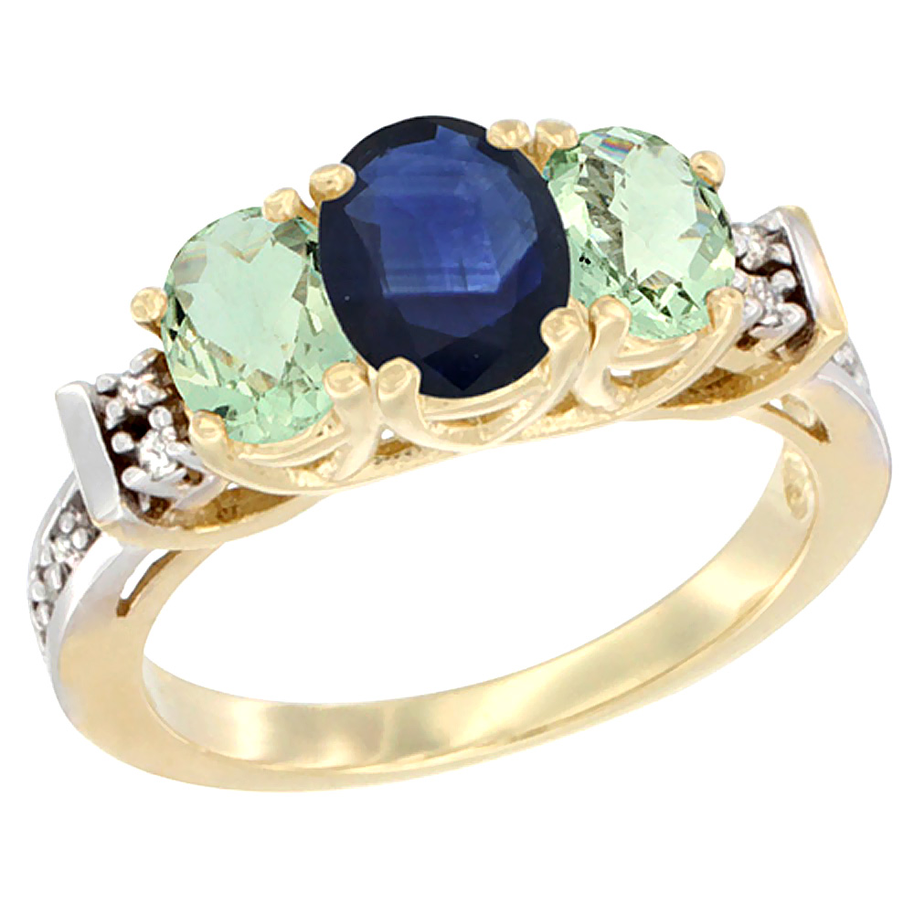 14K Yellow Gold Natural Blue Sapphire & Green Amethyst Ring 3-Stone Oval Diamond Accent
