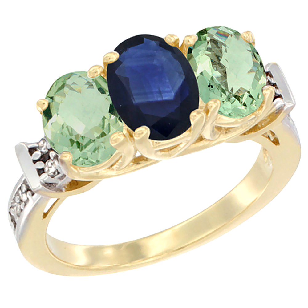 14K Yellow Gold Natural Blue Sapphire & Green Amethyst Sides Ring 3-Stone Oval Diamond Accent, sizes 5 - 10