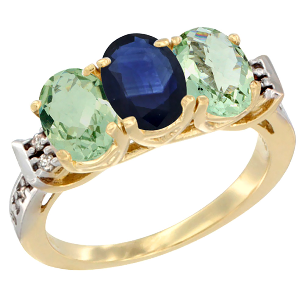 14K Yellow Gold Natural Blue Sapphire &amp; Green Amethyst Sides Ring 3-Stone 7x5 mm Oval Diamond Accent, sizes 5 - 10