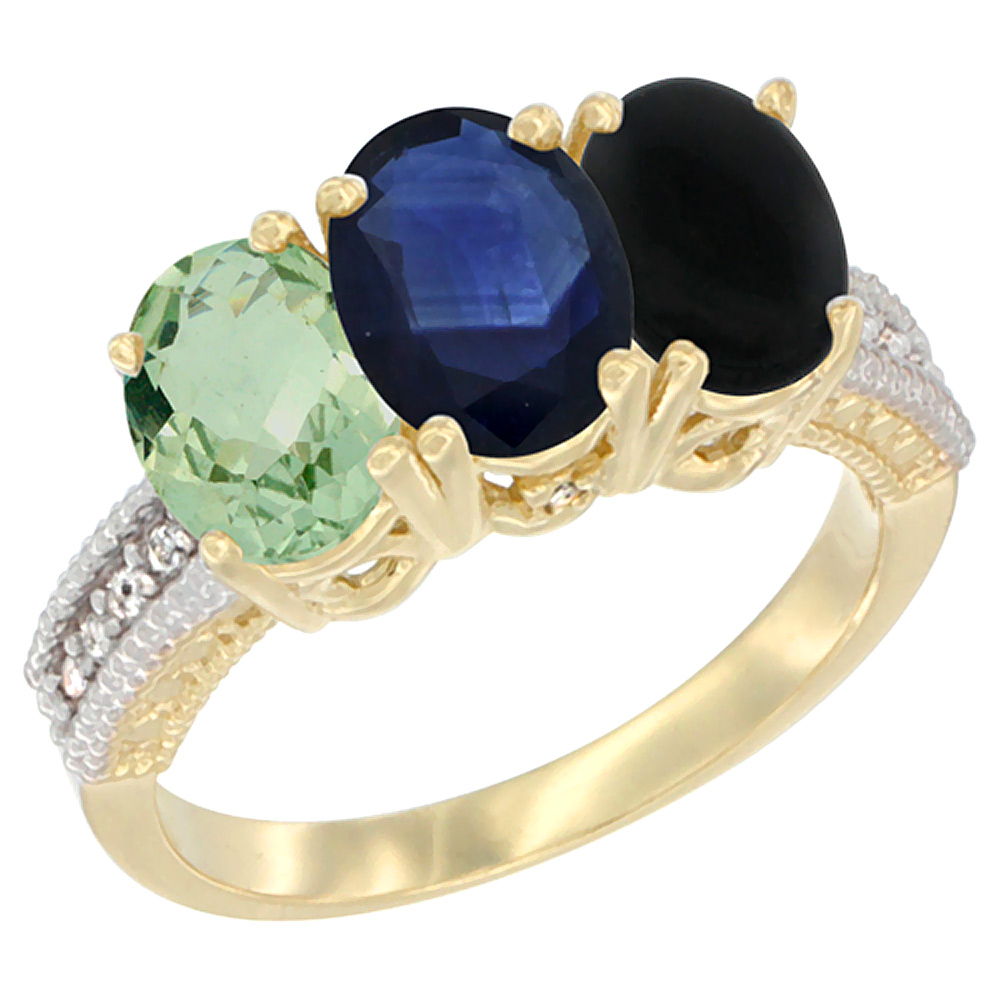 14K Yellow Gold Natural Green Amethyst, Blue Sapphire & Black Onyx Ring 3-Stone 7x5 mm Oval Diamond Accent, sizes 5 - 10