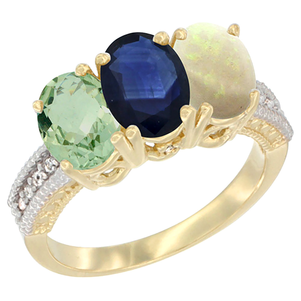 14K Yellow Gold Natural Green Amethyst, Blue Sapphire & Opal Ring 3-Stone 7x5 mm Oval Diamond Accent, sizes 5 - 10