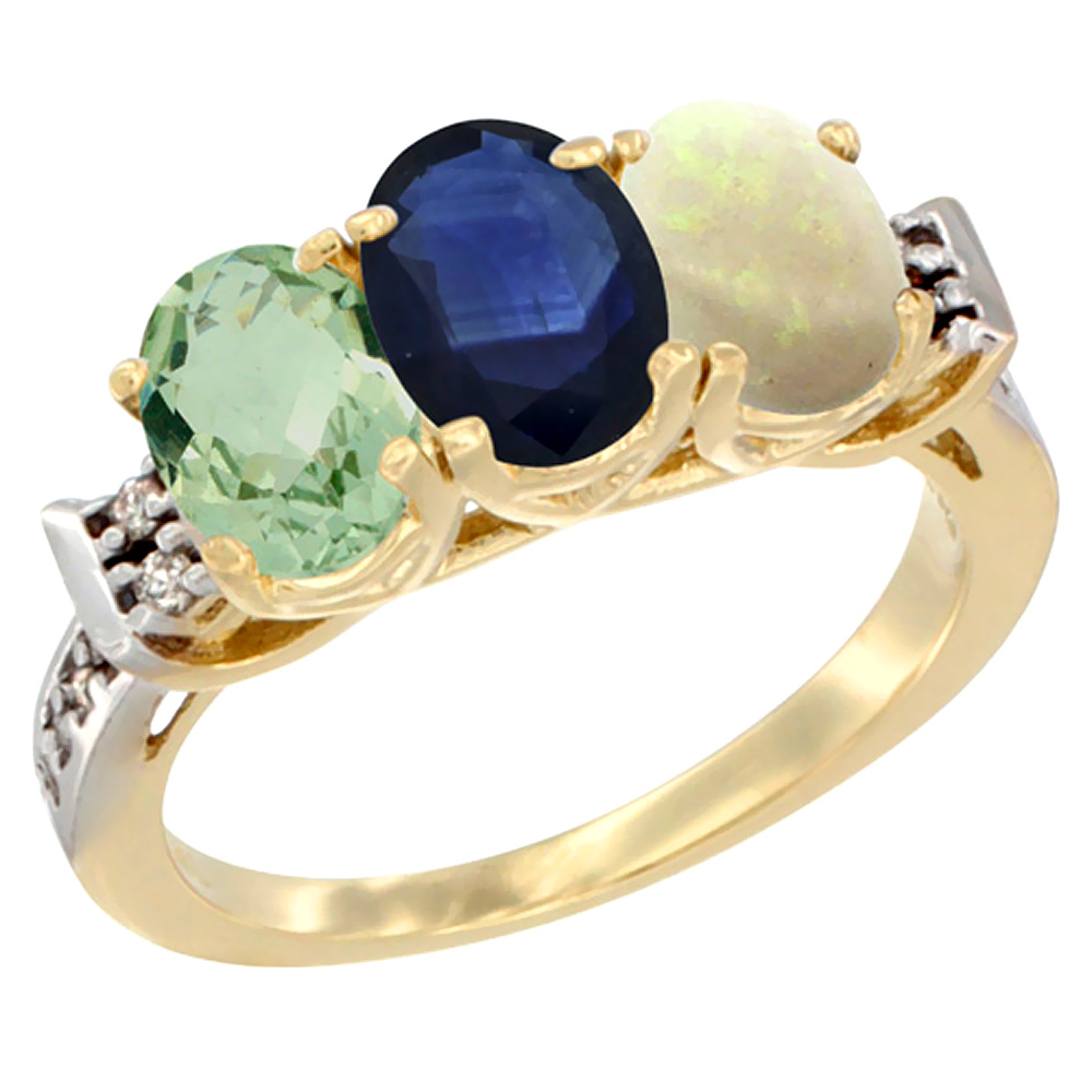 14K Yellow Gold Natural Green Amethyst, Blue Sapphire &amp; Opal Ring 3-Stone 7x5 mm Oval Diamond Accent, sizes 5 - 10