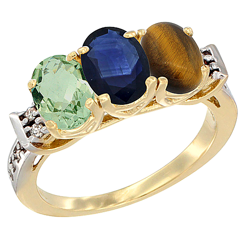 14K Yellow Gold Natural Green Amethyst, Blue Sapphire &amp; Tiger Eye Ring 3-Stone 7x5 mm Oval Diamond Accent, sizes 5 - 10