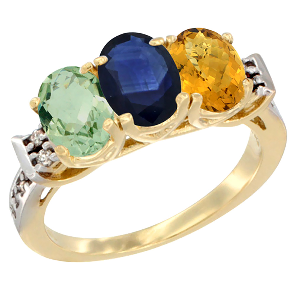 14K Yellow Gold Natural Green Amethyst, Blue Sapphire & Whisky Quartz Ring 3-Stone 7x5 mm Oval Diamond Accent, sizes 5 - 10