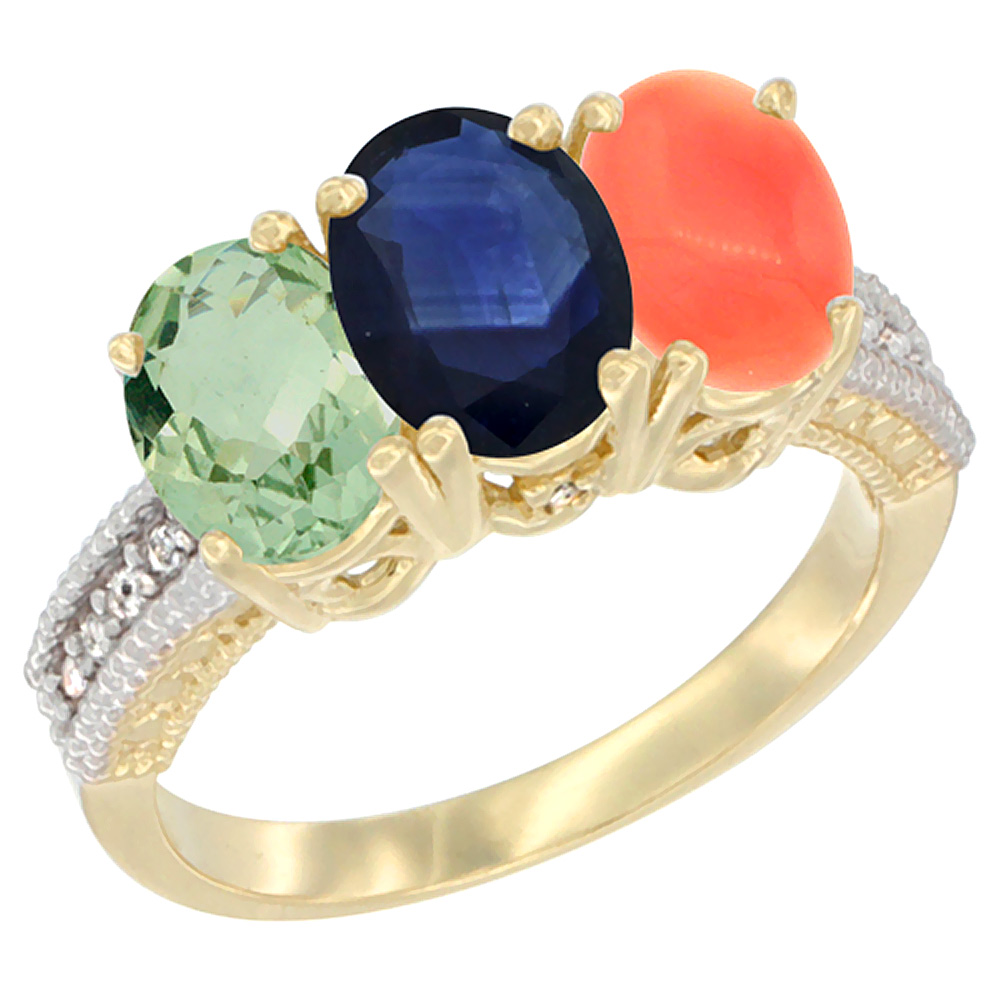 14K Yellow Gold Natural Green Amethyst, Blue Sapphire & Coral Ring 3-Stone 7x5 mm Oval Diamond Accent, sizes 5 - 10