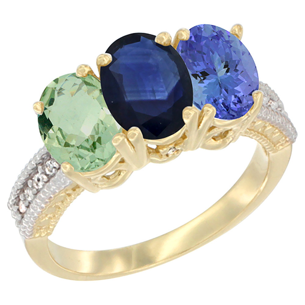 14K Yellow Gold Natural Green Amethyst, Blue Sapphire & Tanzanite Ring 3-Stone 7x5 mm Oval Diamond Accent, sizes 5 - 10