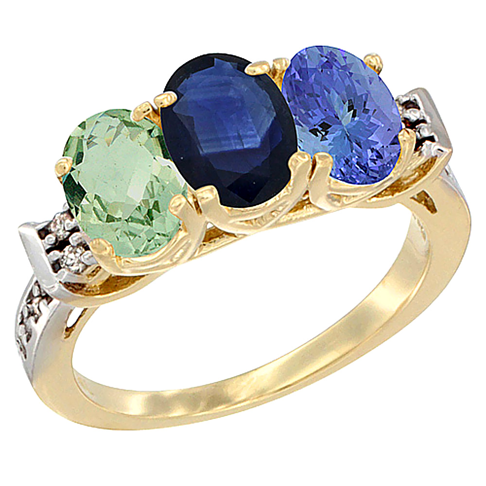 14K Yellow Gold Natural Green Amethyst, Blue Sapphire &amp; Tanzanite Ring 3-Stone 7x5 mm Oval Diamond Accent, sizes 5 - 10