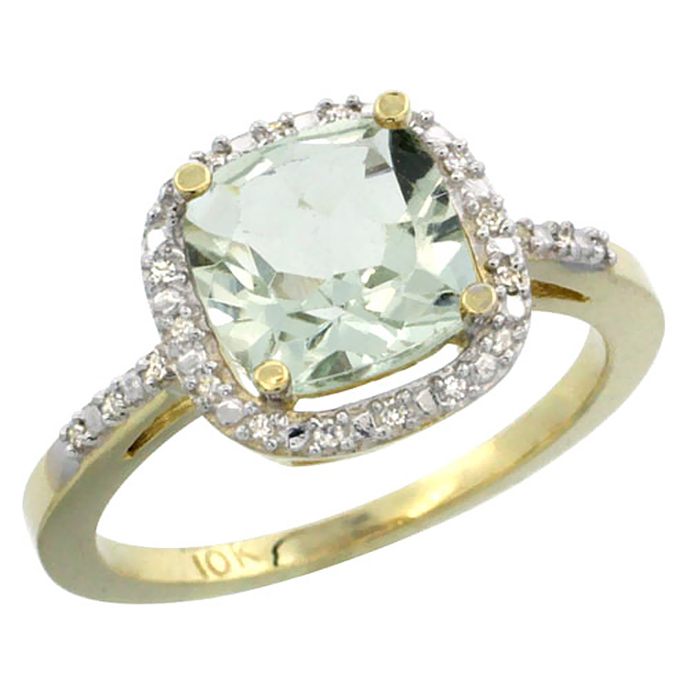 14K Yellow Gold Natural Green Amethyst Ring Cushion-cut 8x8mm Diamond Accent, sizes 5-10