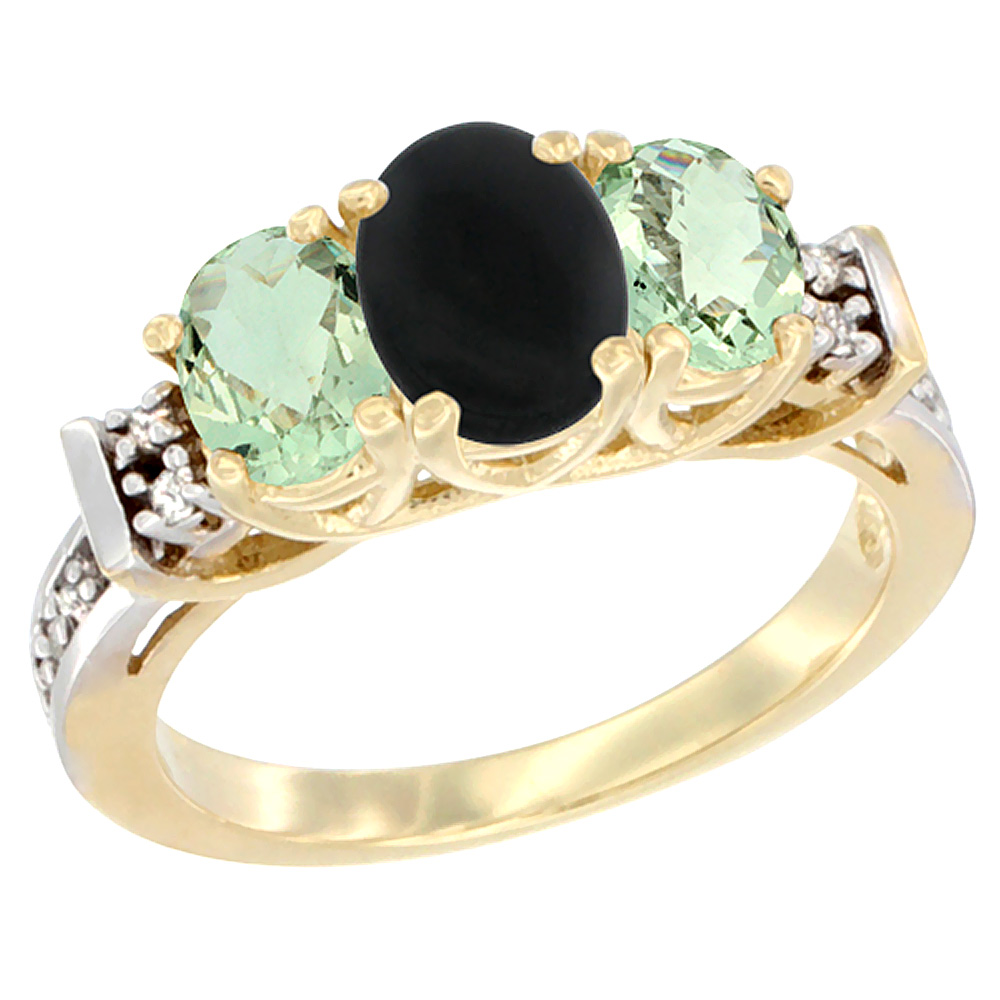 14K Yellow Gold Natural Black Onyx & Green Amethyst Ring 3-Stone Oval Diamond Accent