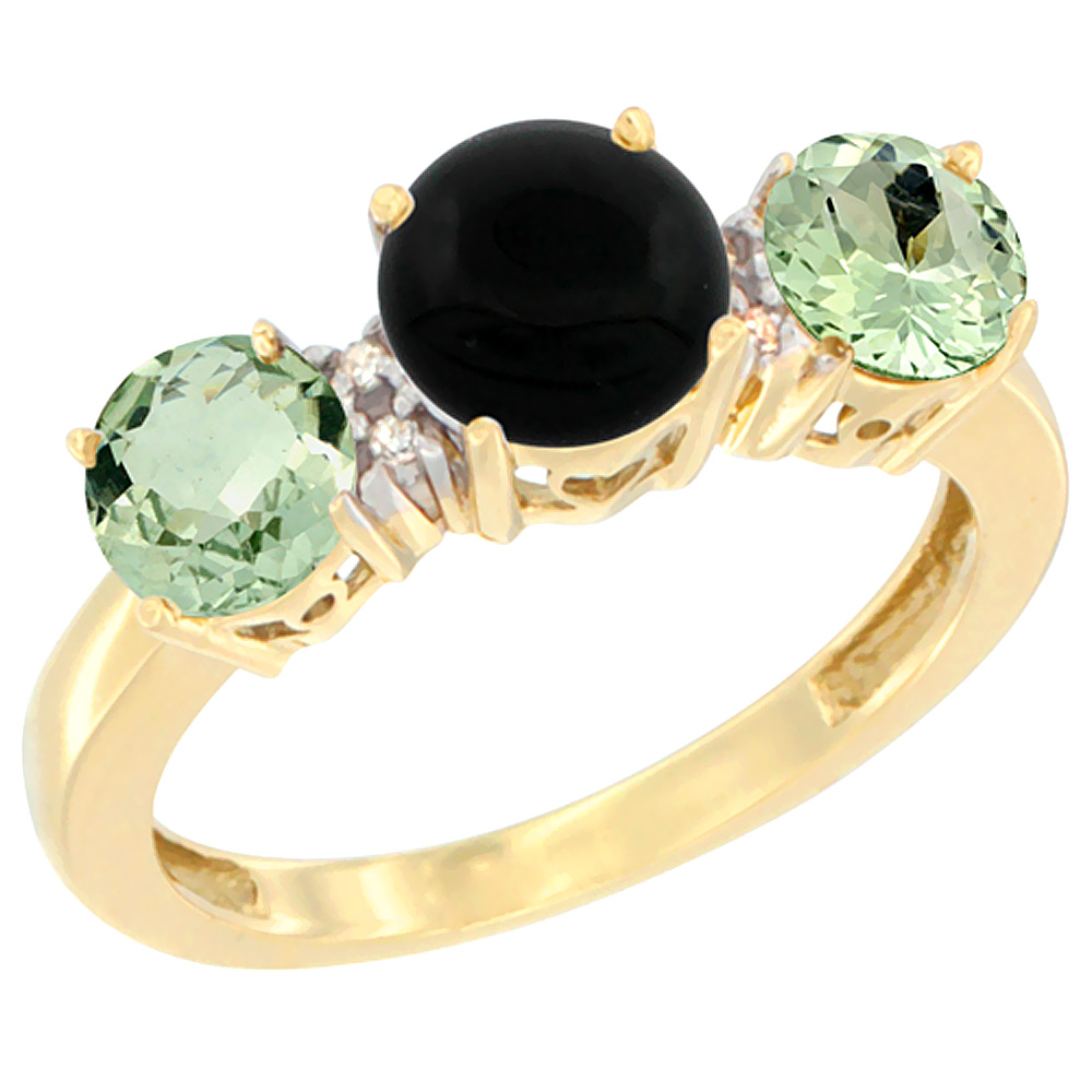 14K Yellow Gold Round 3-Stone Natural Black Onyx Ring &amp; Green Amethyst Sides Diamond Accent, sizes 5 - 10