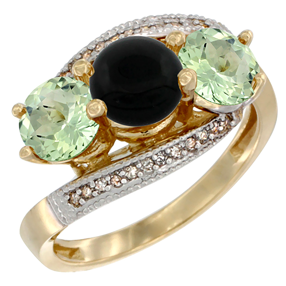 10K Yellow Gold Natural Black Onyx & Green Amethyst Sides 3 stone Ring Round 6mm Diamond Accent, sizes 5 - 10