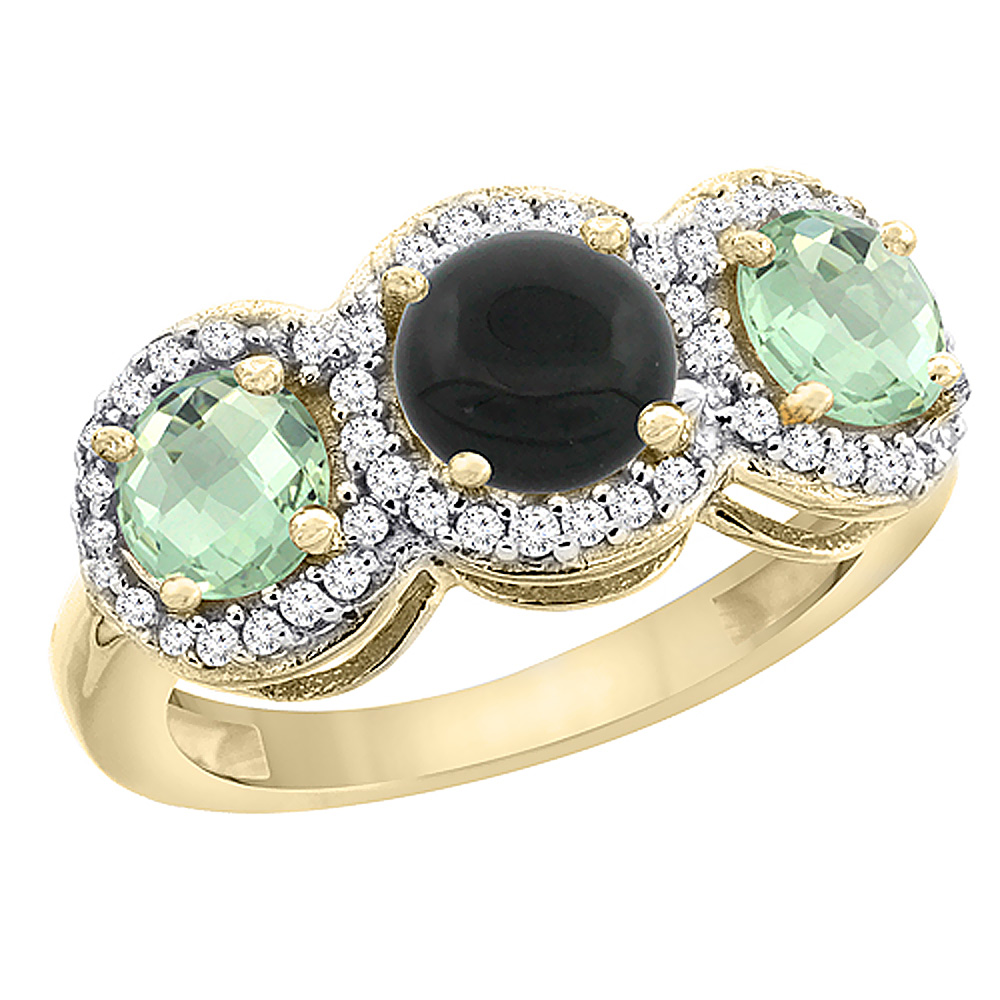 10K Yellow Gold Natural Black Onyx &amp; Green Amethyst Sides Round 3-stone Ring Diamond Accents, sizes 5 - 10