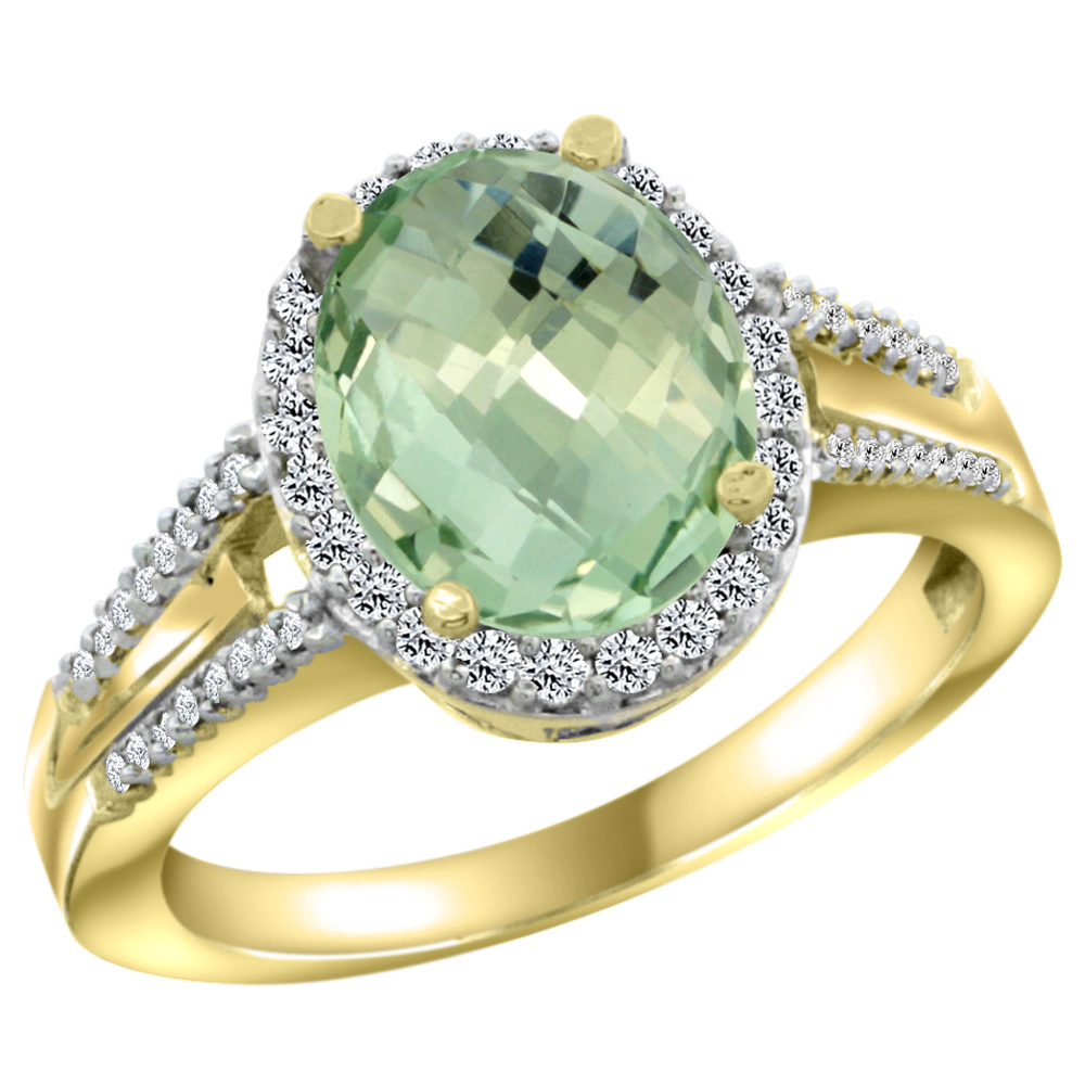 14K Yellow Gold Diamond Natural Green Amethyst Engagement Ring Oval 10x8mm, sizes 5-10