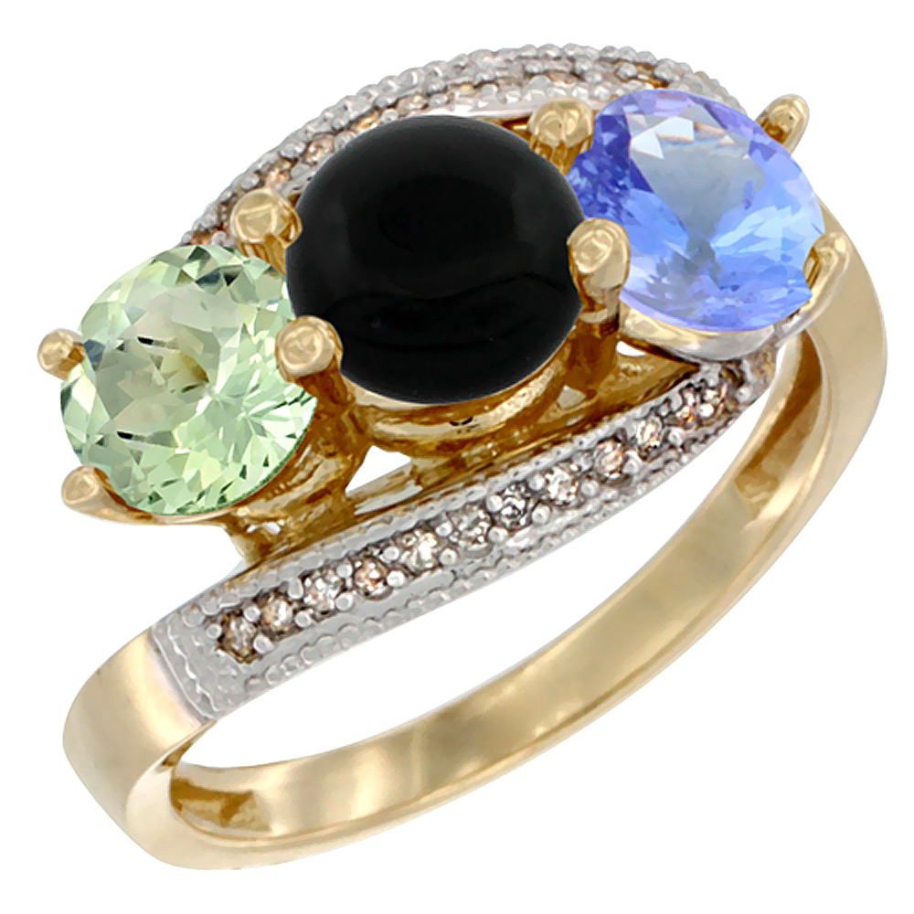 10K Yellow Gold Natural Green Amethyst, Black Onyx & Tanzanite 3 stone Ring Round 6mm Diamond Accent, sizes 5 - 10