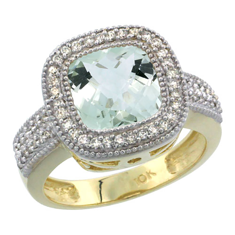 14K Yellow Gold Natural Green-Amethyst Ring Cushion-cut 9x9mm Diamond Accent, sizes 5-10