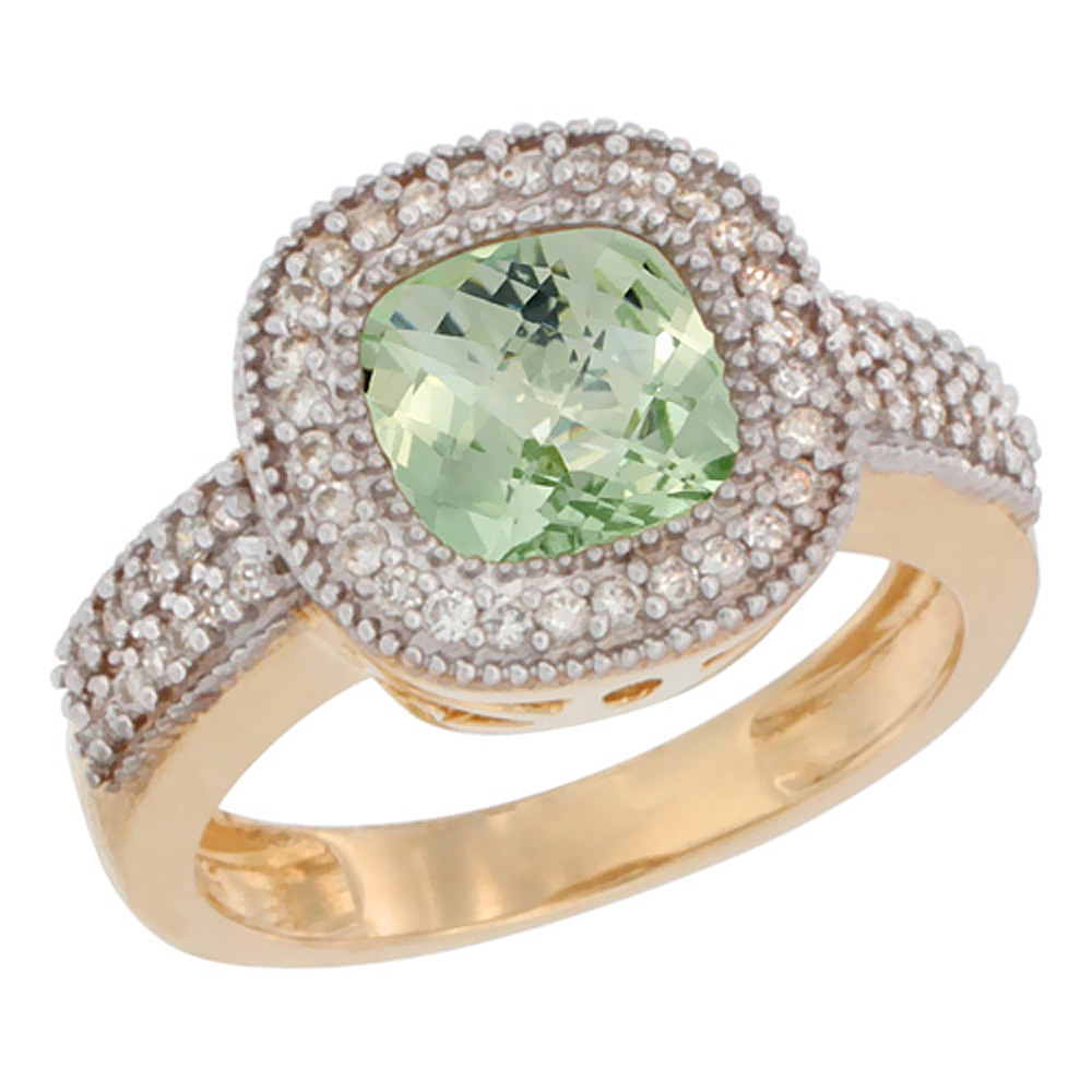 14K Yellow Gold Natural Green Amethyst Ring Cushion-cut 7x7mm Diamond Accent, sizes 5-10