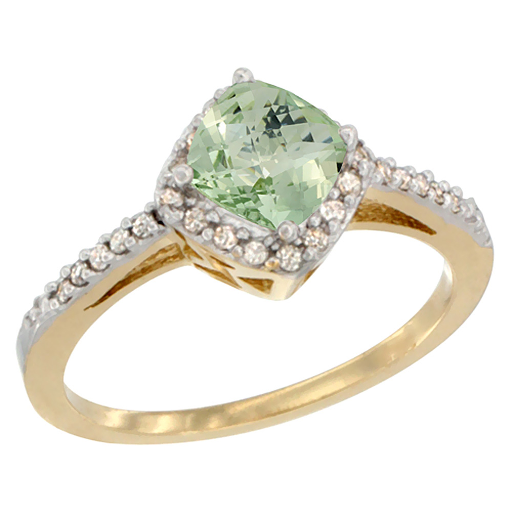 10K Yellow Gold Diamond Halo Genuine Green Amethyst Ring Cushion-cut 6mm Accent sizes 5 - 10