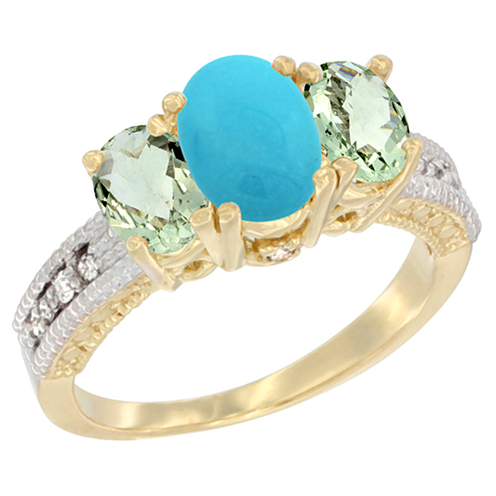 14K Yellow Gold Diamond Natural Turquoise Ring Oval 3-stone with Green Amethyst, sizes 5 - 10